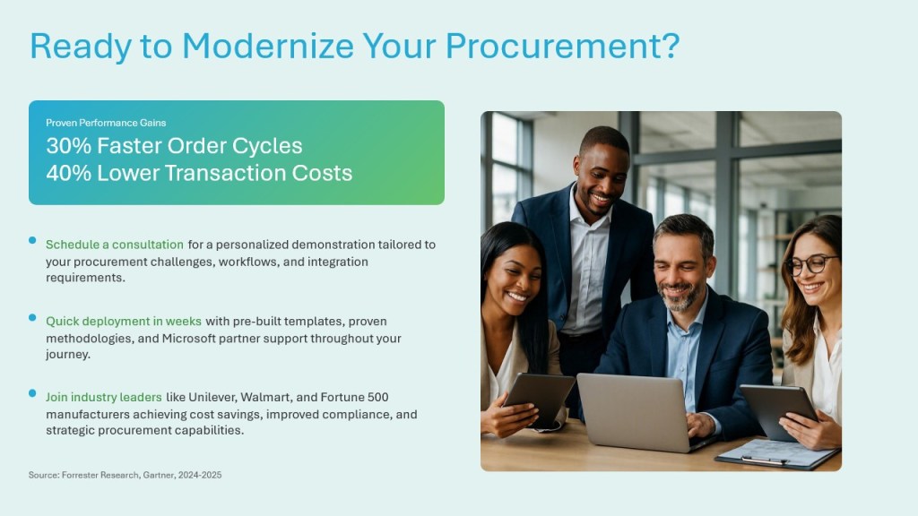 A diverse group of four professionals collaborating at a table with laptops and tablets, discussing procurement strategies against a backdrop of large windows.