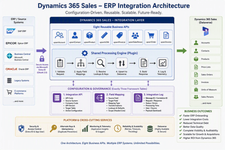 Diagram illustrating the Dynamics 365 Sales ERP Integration Architecture, highlighting the integration layer with reusable business APIs, shared processing engine, configuration governance, and business outcomes.